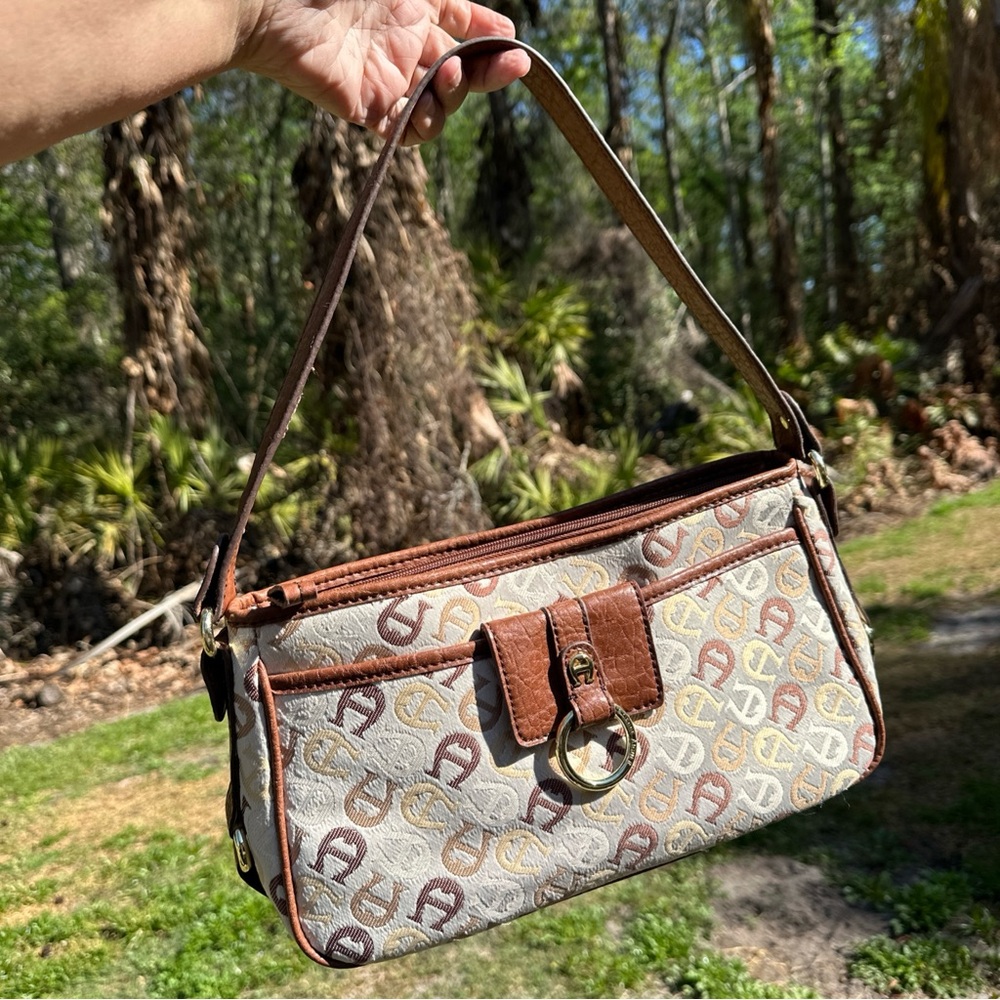 Etienne Aigner Signature Purse Monogram Canvas Tan Brown  Shoulder Bag Medium